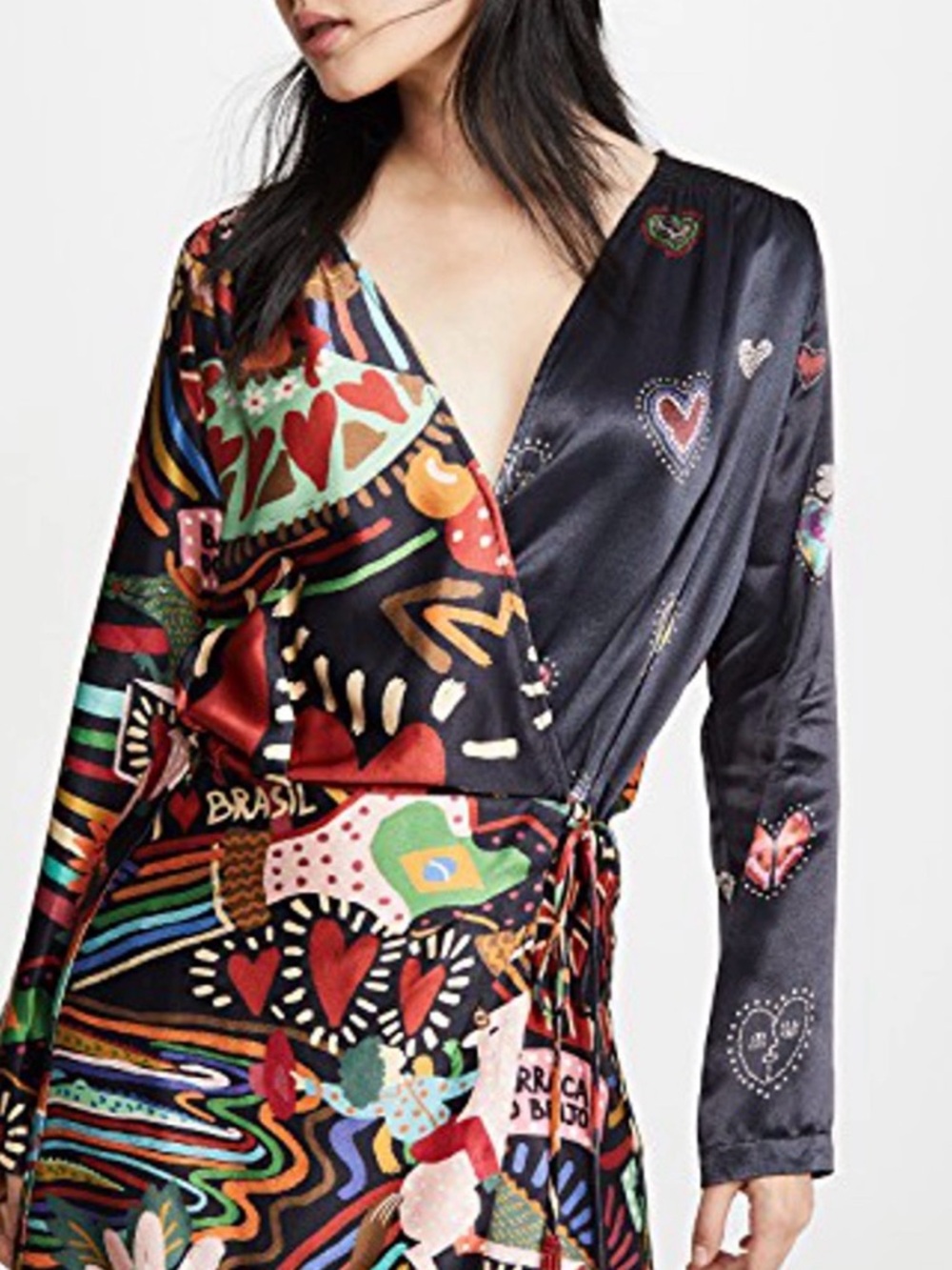FARM Rio Black Multicolor Heart & Abstract Print Wrap Dress